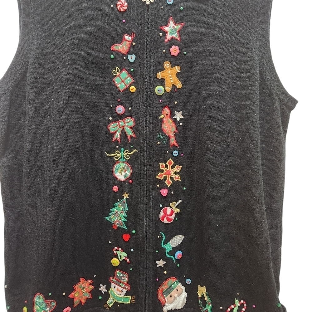 Vintage Christmas Zip-Up Vest Size L Black with Embellished Details Grandmacore - Picture 3 of 7